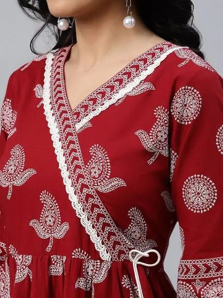 Amayra Women's Rayon Printed Maroon Anarkali Kurta with Palazzos and Dupatta Set